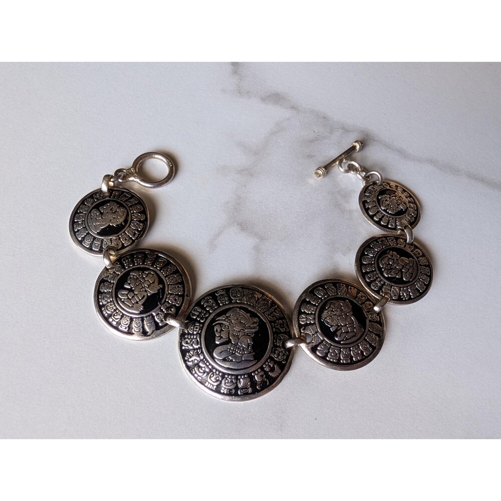 Vintage Mexican Alpaca Mayan Aztec Calendar Medallion Coin Link Bracelet